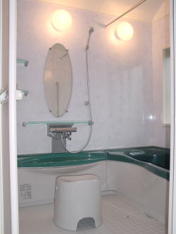 グリーンのカウンターと浴槽のバスルーム