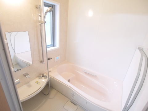 ピンクの浴槽とアクセント壁のあるバスルーム