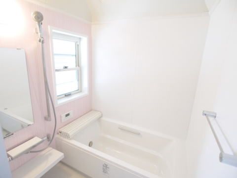 ピンクのアクセント壁のバスルーム
