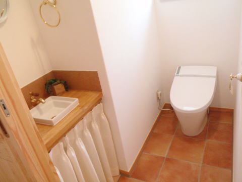 オリジナルの手洗いカウンターのあるテラコッタタイル床のトイレ